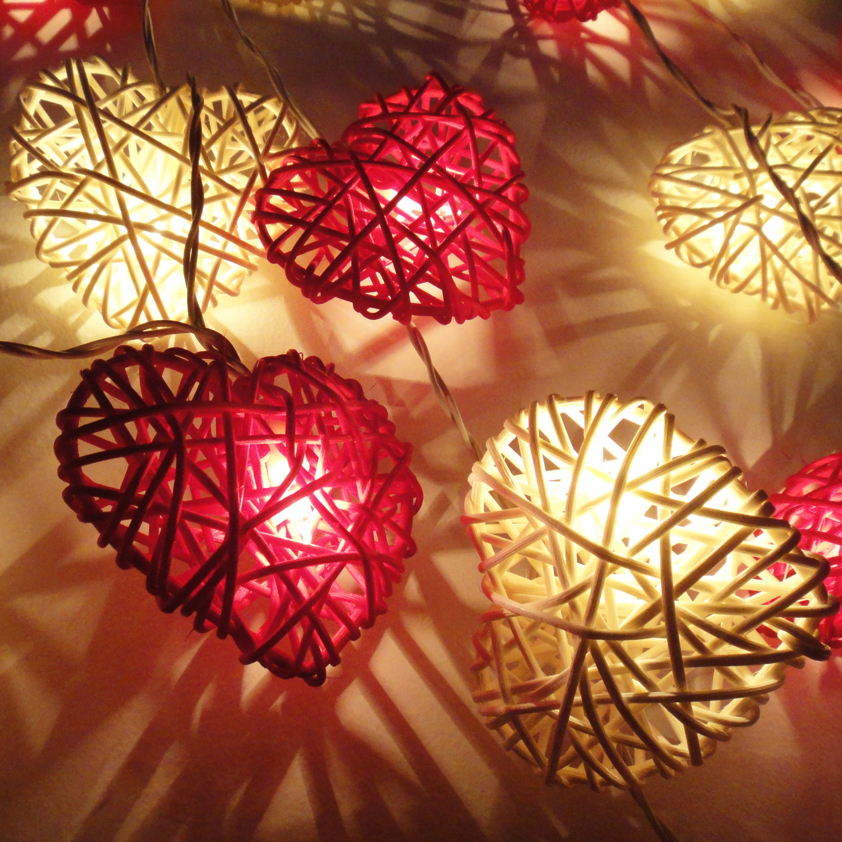 Red & White Rattan Heart LED String Fairy Lights